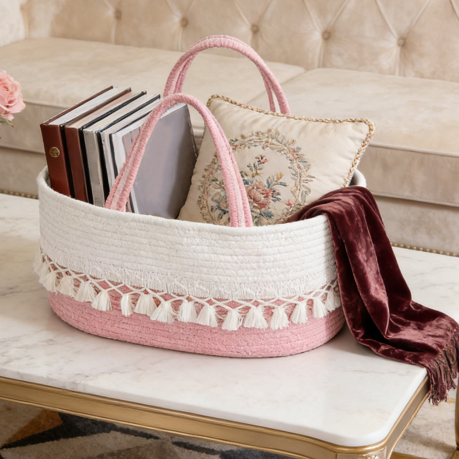 Diaper Caddy and Toy Storage Basket, Woven Cotton Rope with Divided Compartments, Tassel Handles, Farmhouse Boho Nursery Organizer, Blush Pink 14"
