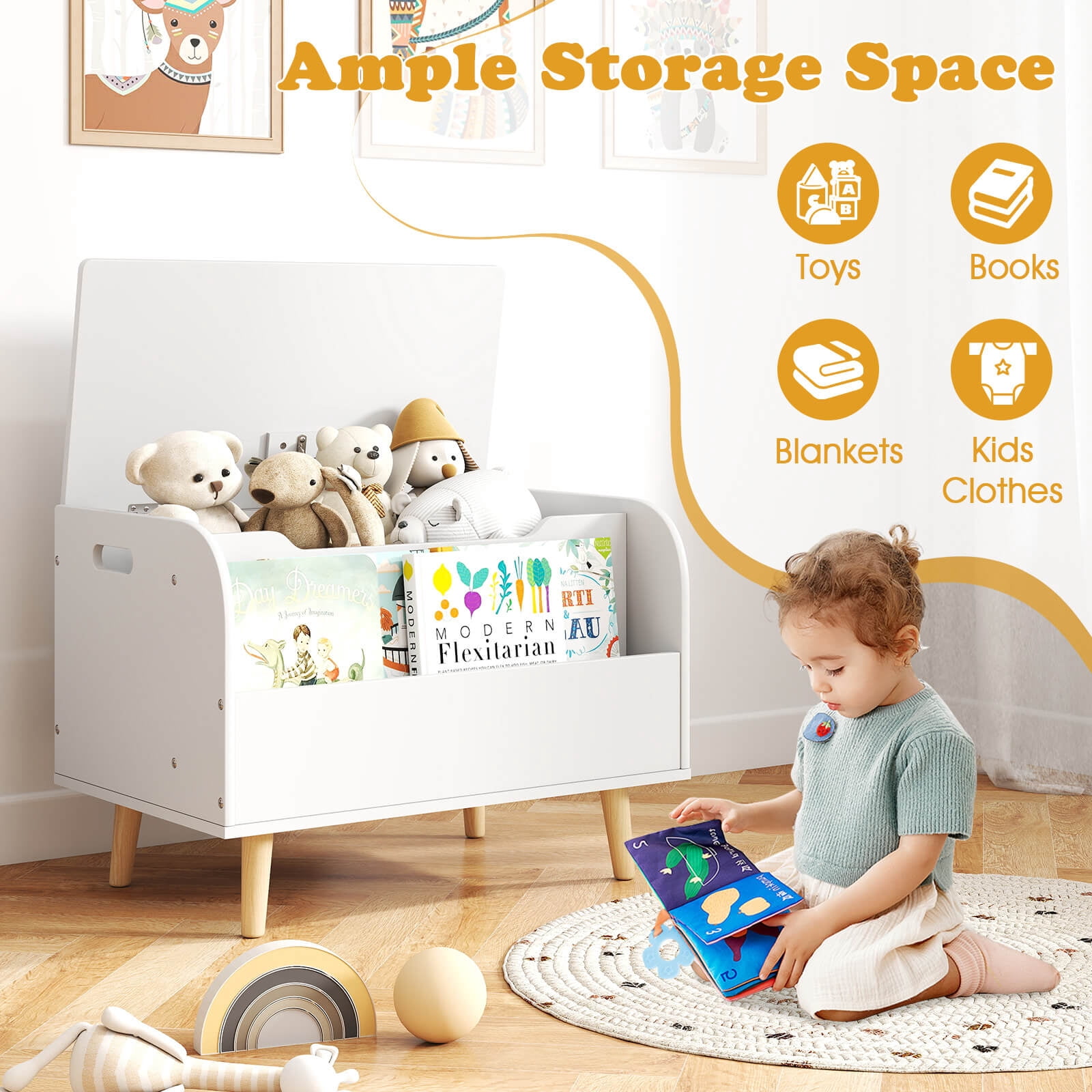 Costway Kids Wooden Toy Box with Front Bookshelf 4 Solid Wood Legs Flip-top Lid for Nursery White
