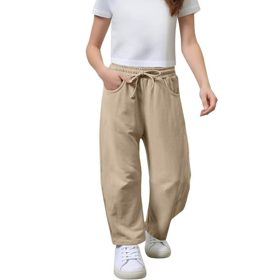NAISIBABY Girls Straight Leg Sweatpants, with Pockets Drawstring Loose Casual Kids Twill Pull On Pants Khaki 12T