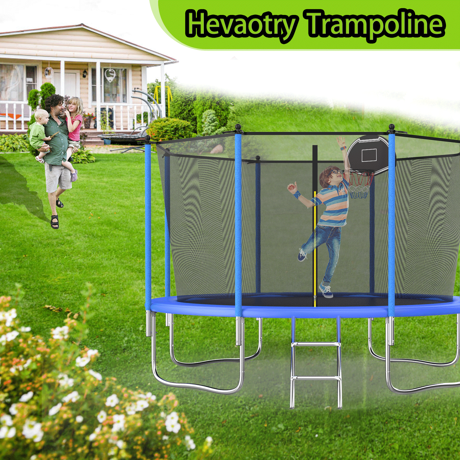 SENCHO GINSYTALIOR 10ft Trampoline with Steel Ladder & 530lbs Safe Enclosure Net for Kids Adults