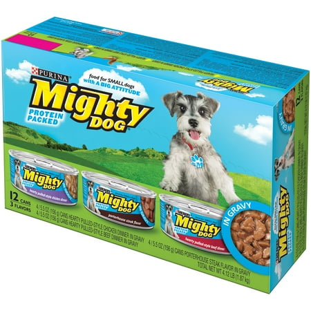 Purina Mighty Dog copieuse Tirée-Style dîner de poulet en sauce / style-Tirée copieuse boeuf en sauce Dîner / Porterhouse Saveur de Steak en sauce Dog Food Variety Pack 12 à 5,5 onces. Cans