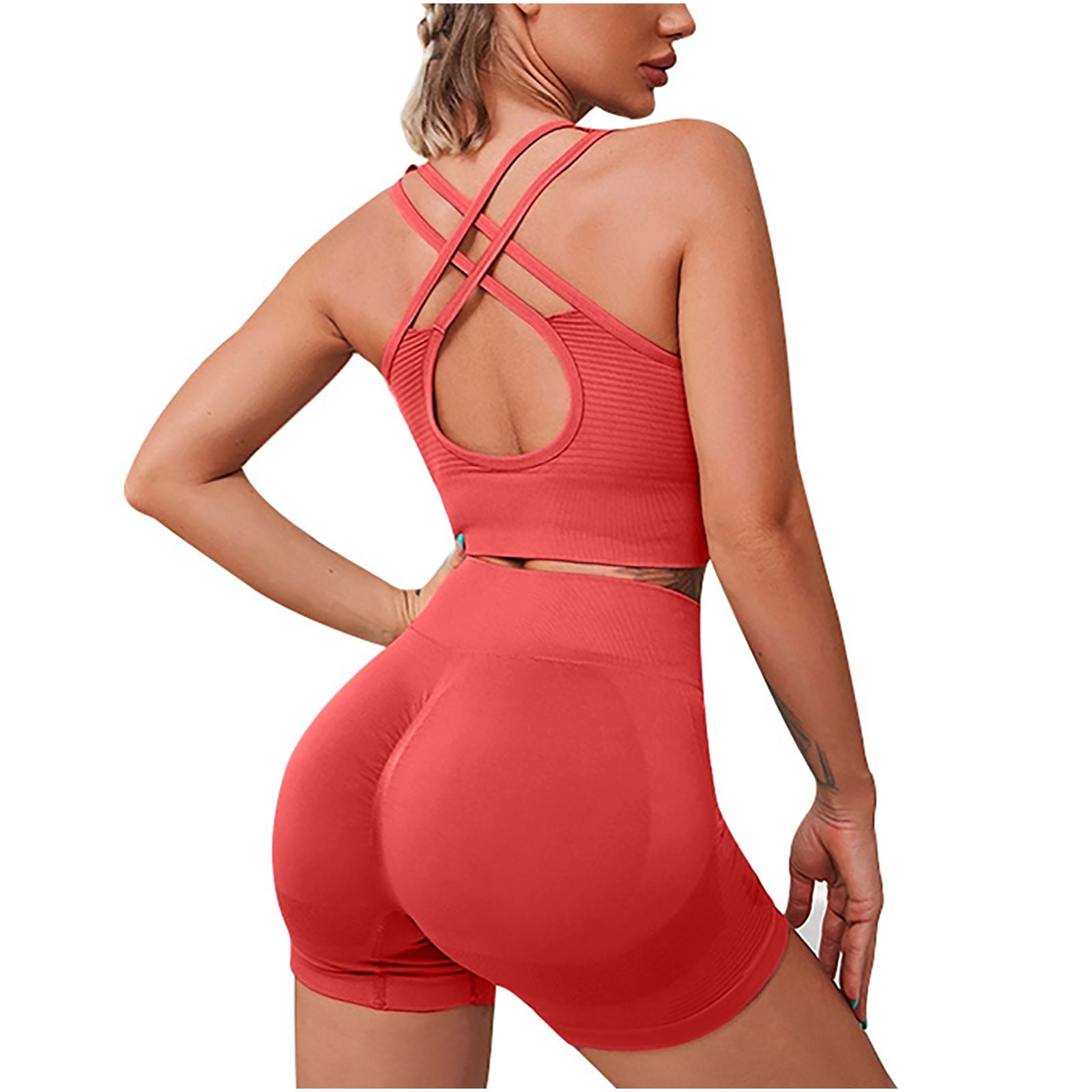 REORIAFEE Workout Sets for Women 2 Piece Yoga Outfits Gym Matching Set 80s  Outfit Women's Casual Seamless Knit Sports Yoga Buttock Lifting Tight