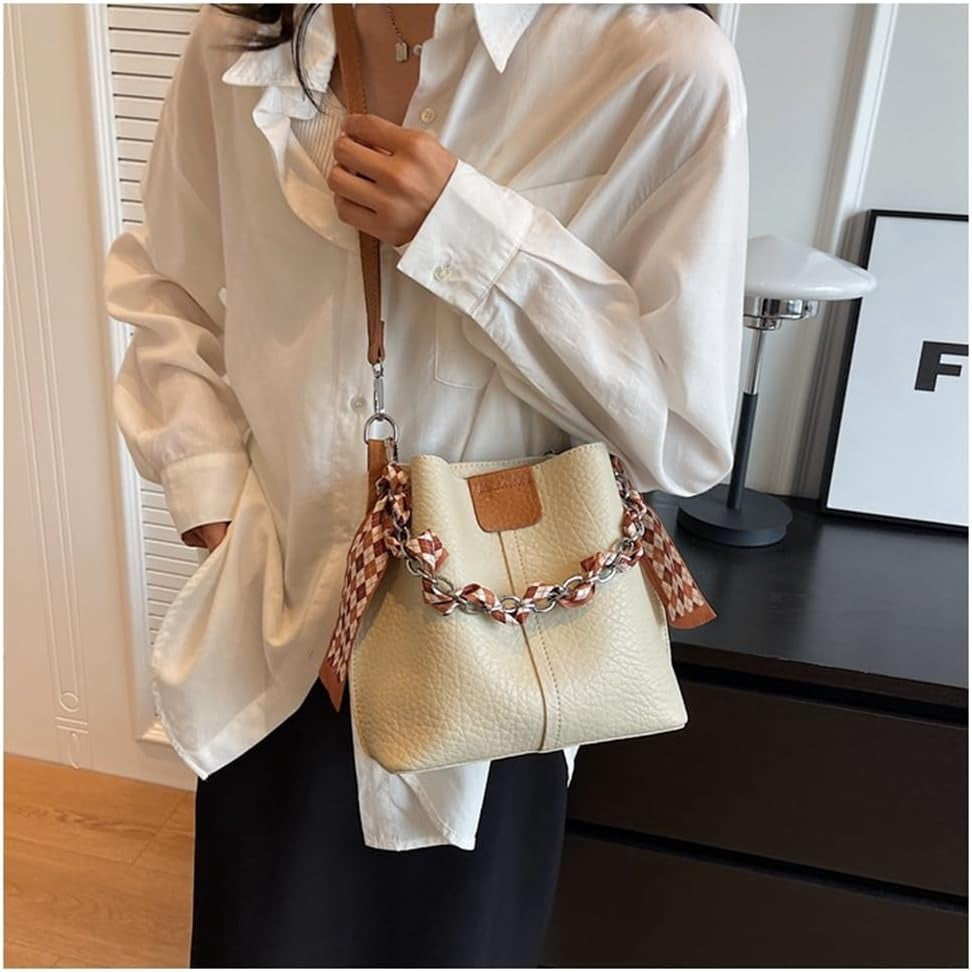 Leather Bucket Bag with Thick Chain for Women Hobo Bucket Bags and Purses Casual Crossbody Shoulder Bucket Handbag