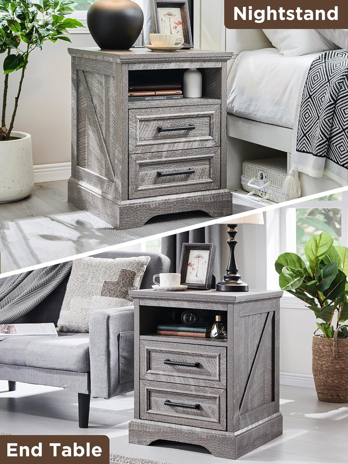 ACCOHOHO 18" Farmhouse Rustic Nightstand with 2 Drawers, Grey