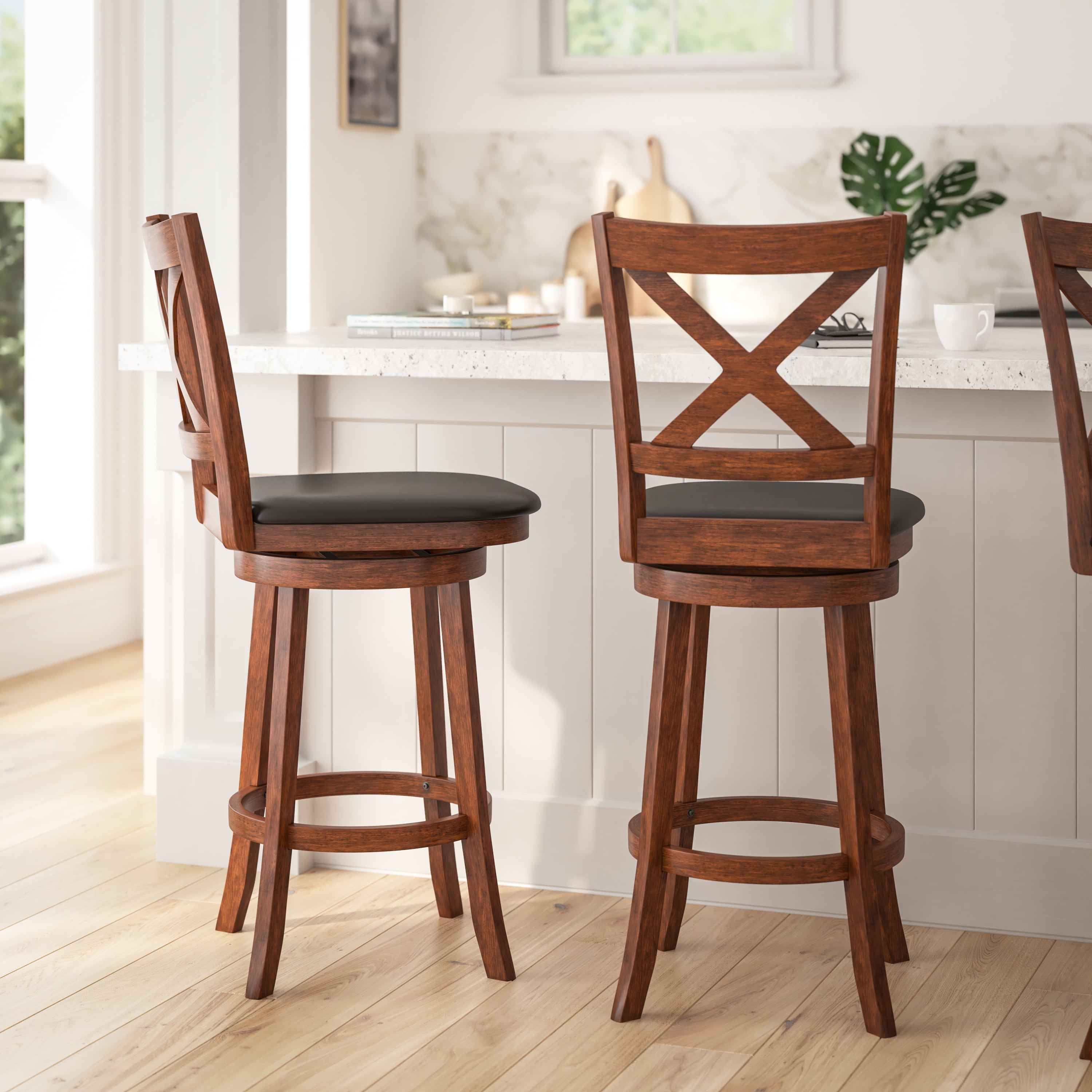 Merrick Lane 30" Antique Oak Classic Wooden Crossback Swivel Bar Height Pub Stool with Black Faux Leather Padded Seat and Integrated Footrest
