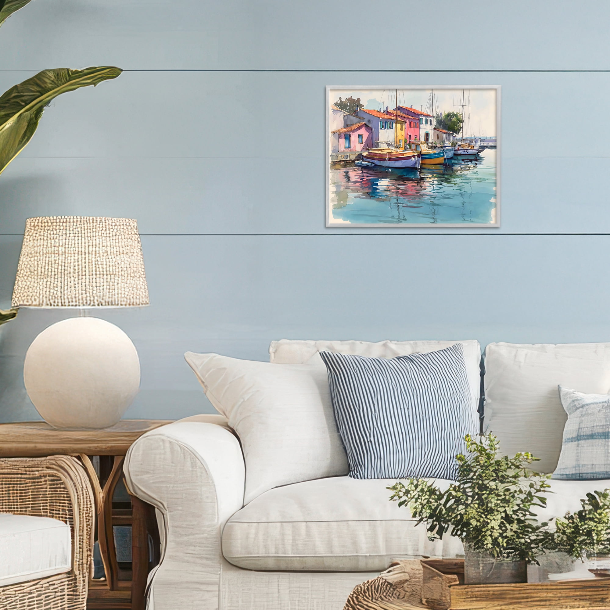 Stupell Industries Colorful Docks Harbor Gray Framed Giclee Art, design by Franklyn Gregory