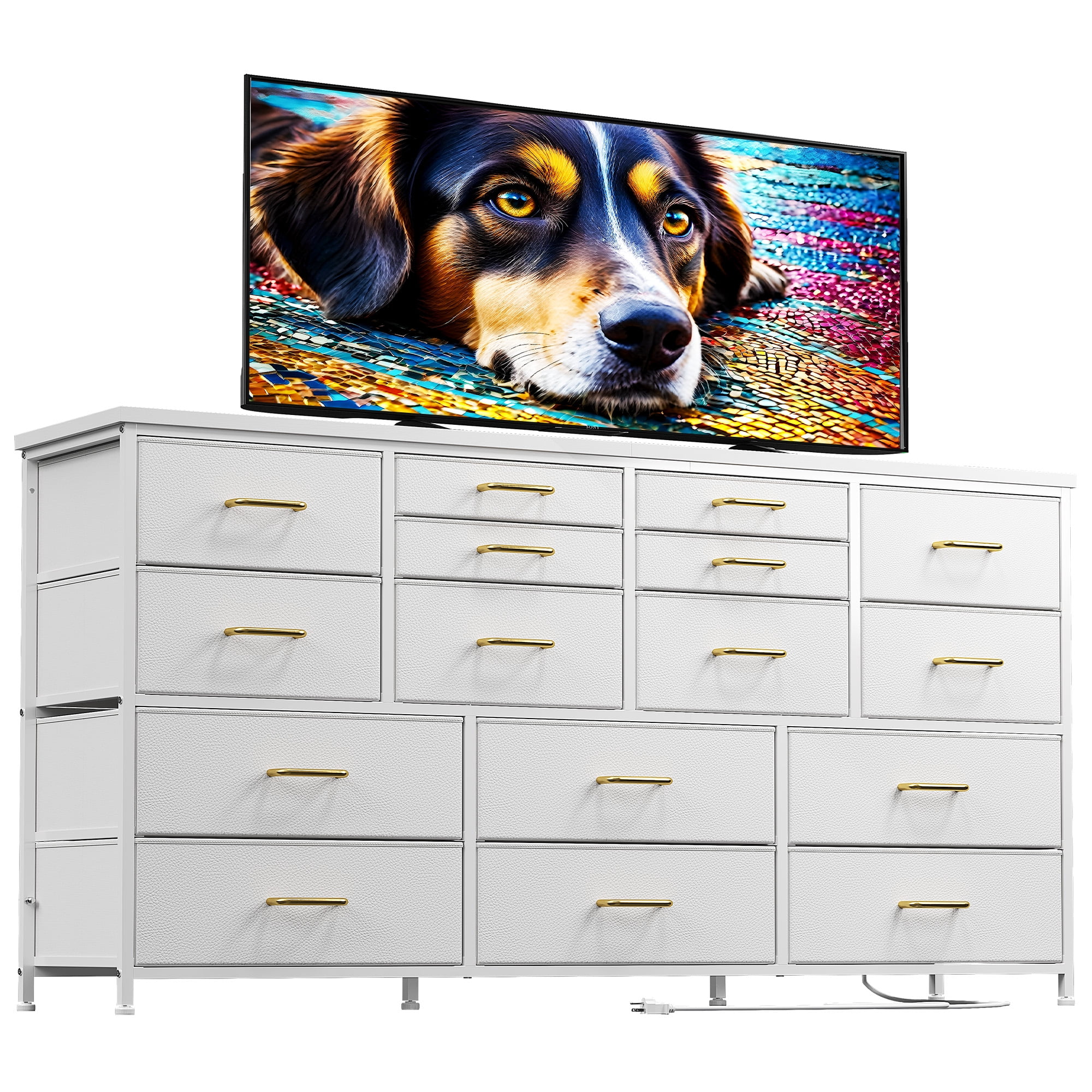 Romorgniz White Dresser for Bedroom with 16 Drawers for Closet Fabric Dressers & Chests of Drawers TV Stand with Charging Station