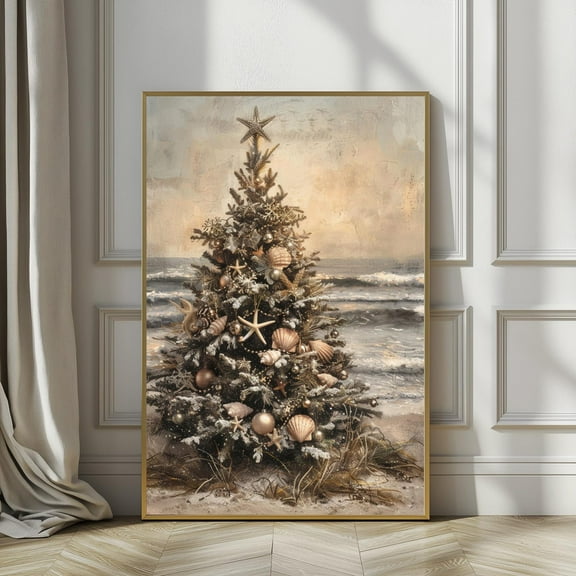 Christmas Tree on the Beach Painting, Coastal Holiday Wall Art Print, Nautical Christmas Print, Christmas Tree Wall Art, 24x36 UNFRAMED