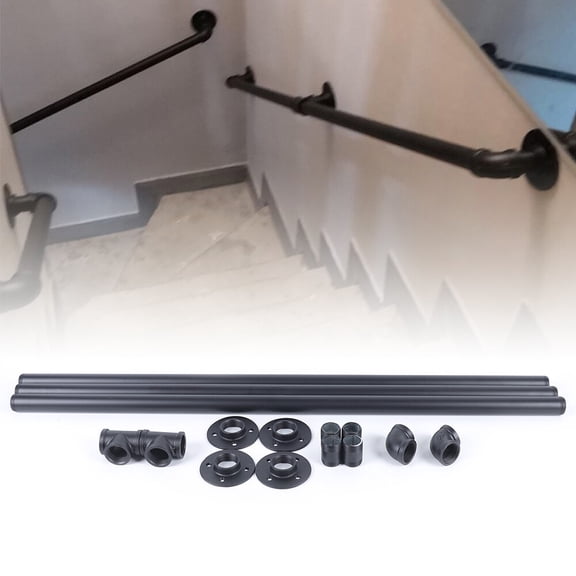 ToppiJoy 10Ft Pipe Stair Handrail, Metal Staircase Wall Hand Railing, Industrial Iron Hand Rail for Indoor & Outdoor Wall Mount Support Black
