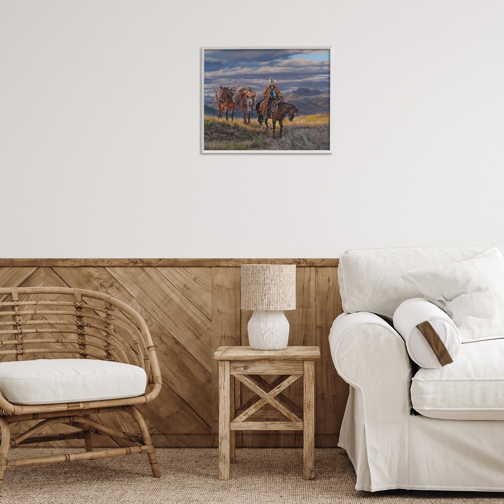 Stupell Industries Sauntering Cowboy & Horses Landscape Painting White Framed Art Print Wall Art, 20 x 16