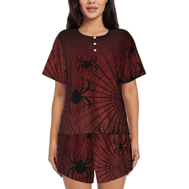 Balery Spiders On A Web Conjunto de Pijama para Mujer con Estampado, Dos Piezas de Manga Corta y Shorts, Ropa de Dormir Suave con Cuello Redondo y Bolsillos-Medium