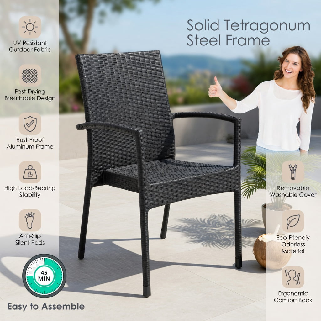 Hommoo 4-Piece Outdoor Rattan Patio Furniture Set with Acacia Wood Coffee Table, Wicker Sofa & Loveseat with Removable Cushions for Backyard, Balcony, or Poolside, Black