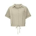 thumbnail image 3 of BLVB Womens Cotton Linen Button down Cropped Shirts Short Sleeve Casual Crop Tops Solid Lapel Blouse Shirt with Chest Pocket, 3 of 5