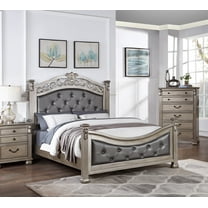 Cal King Size Bed Antique Formal Look Fabric Tufted HB FB Bed 1pc Set Grey Finish Posts Bed bedroom Furniture
