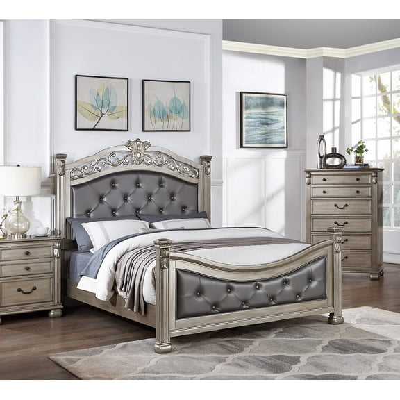 Cal King Size Bed Antique Formal Look Fabric Tufted HB FB Bed 1pc Set Grey Finish Posts Bed bedroom Furniture