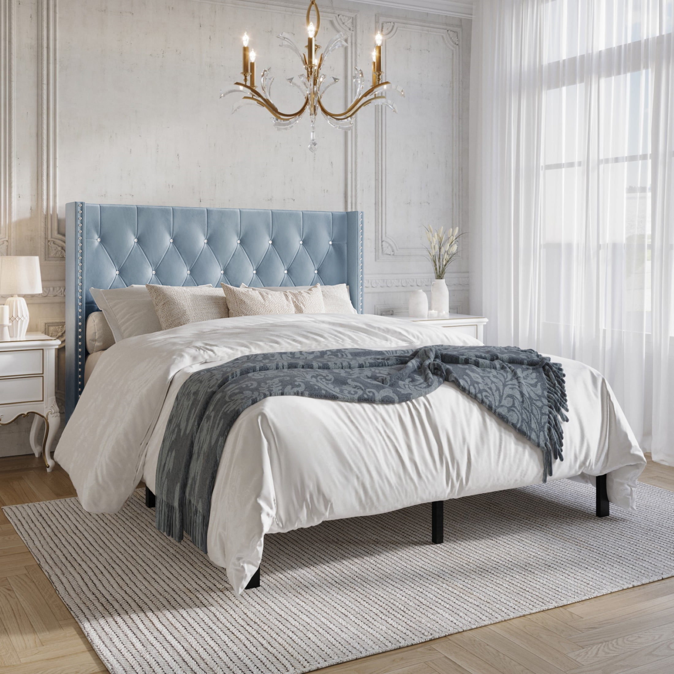 Castle Place Button Tufted Wingback Velvet Upholstered Bed, Light Blue, Full