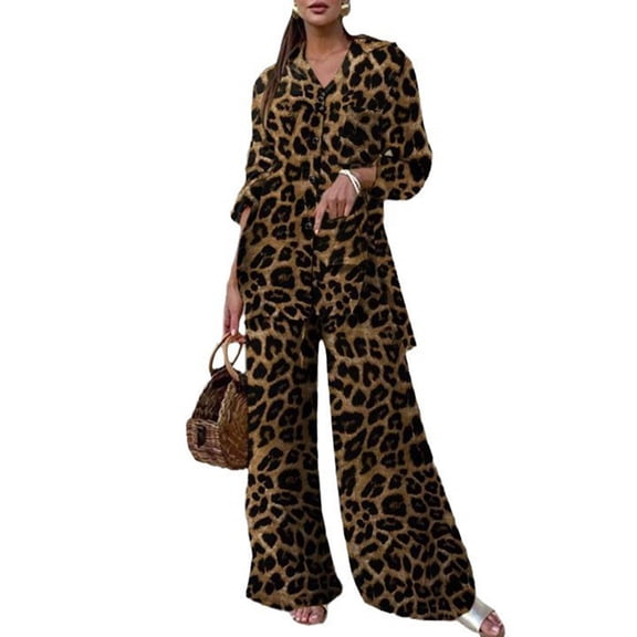 Floleo Women's Leopard Print Button Down Shirt and Wide Leg Pants Set Long Sleeve Collared Blouse with Side Pockets Casual Two Piece Outfit