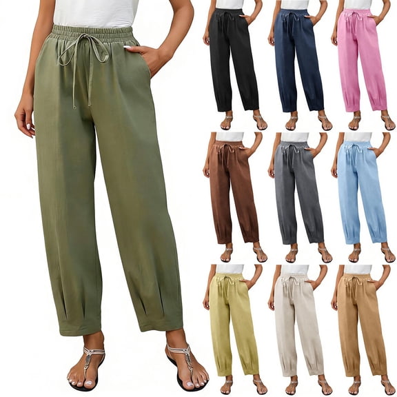 Miluxas Elastic Waistband Wide Leg Pants for Women Solid Loose Fit Tapered Trousers with Pockets Streetwear & Beachwear Yellow