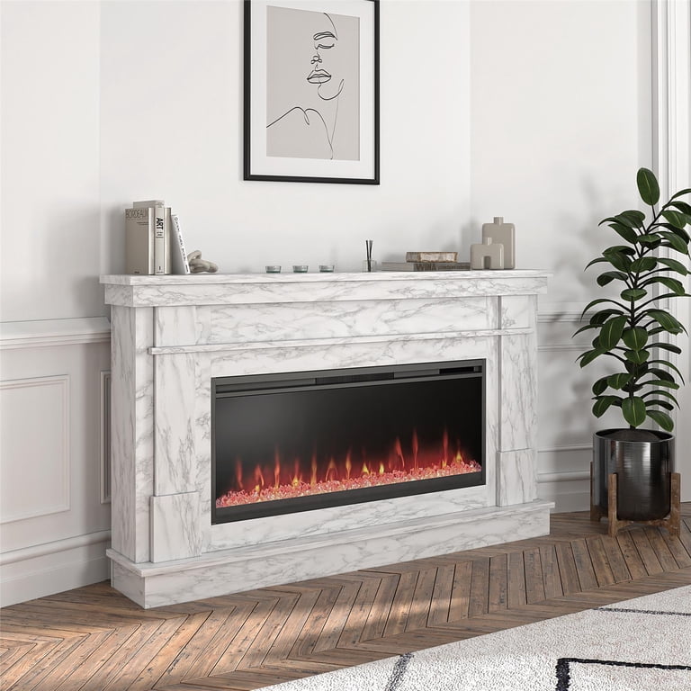 Novogratz Waverly Wide Mantel with Linear Electric Fireplace u0026amp; Crystal  Ember Bed, White Marble - Walmart.com