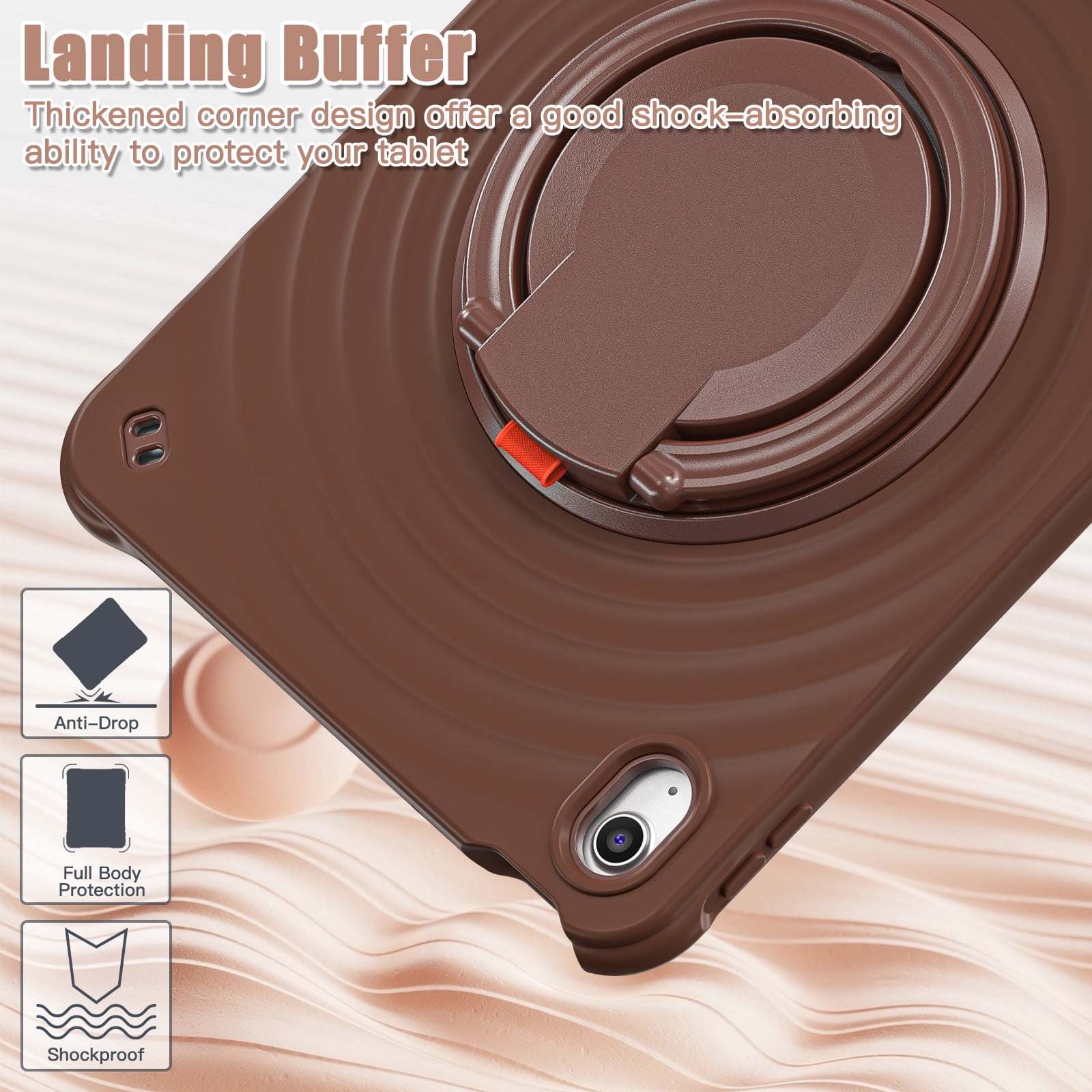 ELEHOLD Case for Apple iPad 10th Gen, Portable Hybrid Shockproof iPad Case with Pencil Holder & Hanging Ring Handle Rotatable Kickstand,Chocolate