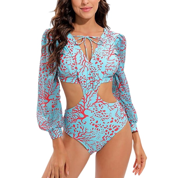 Bikini De Una Pieza Traje de baño de una pieza de verano Elegante con cuello en V Traje de baño delgado Ropa de playa (Azul cielo L) Cgtredaw Para estrenar