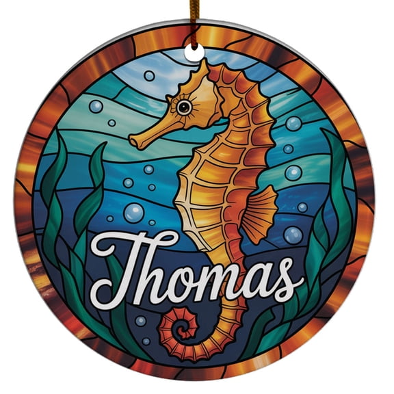 Seahorse Christmas Ornament 2025, Custom Name Text Seahorse Gift for Animal Sea Lovers, Circle Christmas Ornament, Christmas Ornament Gift