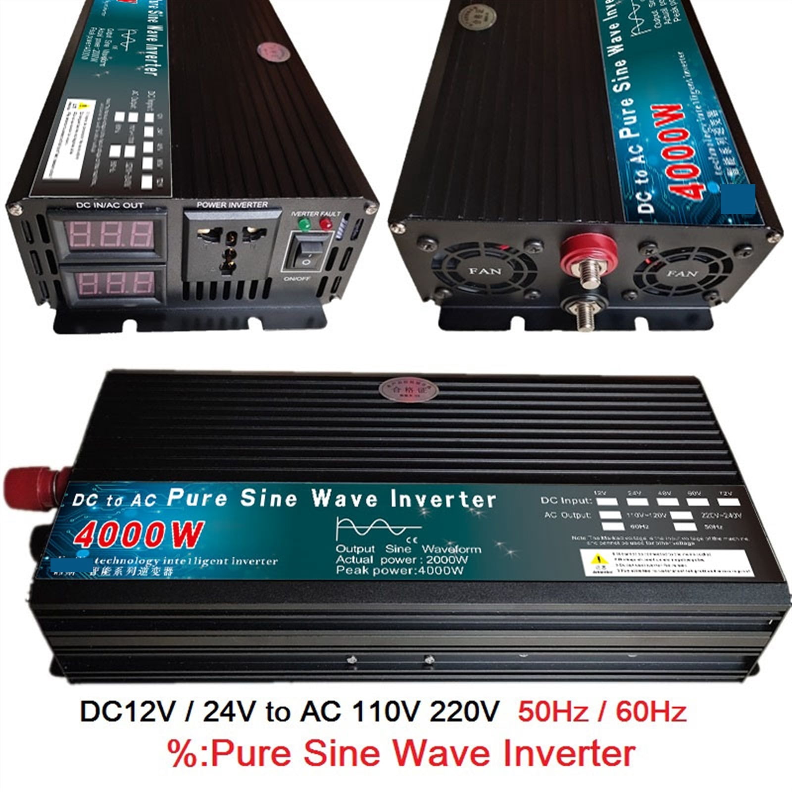 Inverter 4000W 5000W Pure Sine Wave Inverter DC12V 24V 48V 60V To AC 110 220 Solar Power Voltage Converter Car Household ,Powerful Output