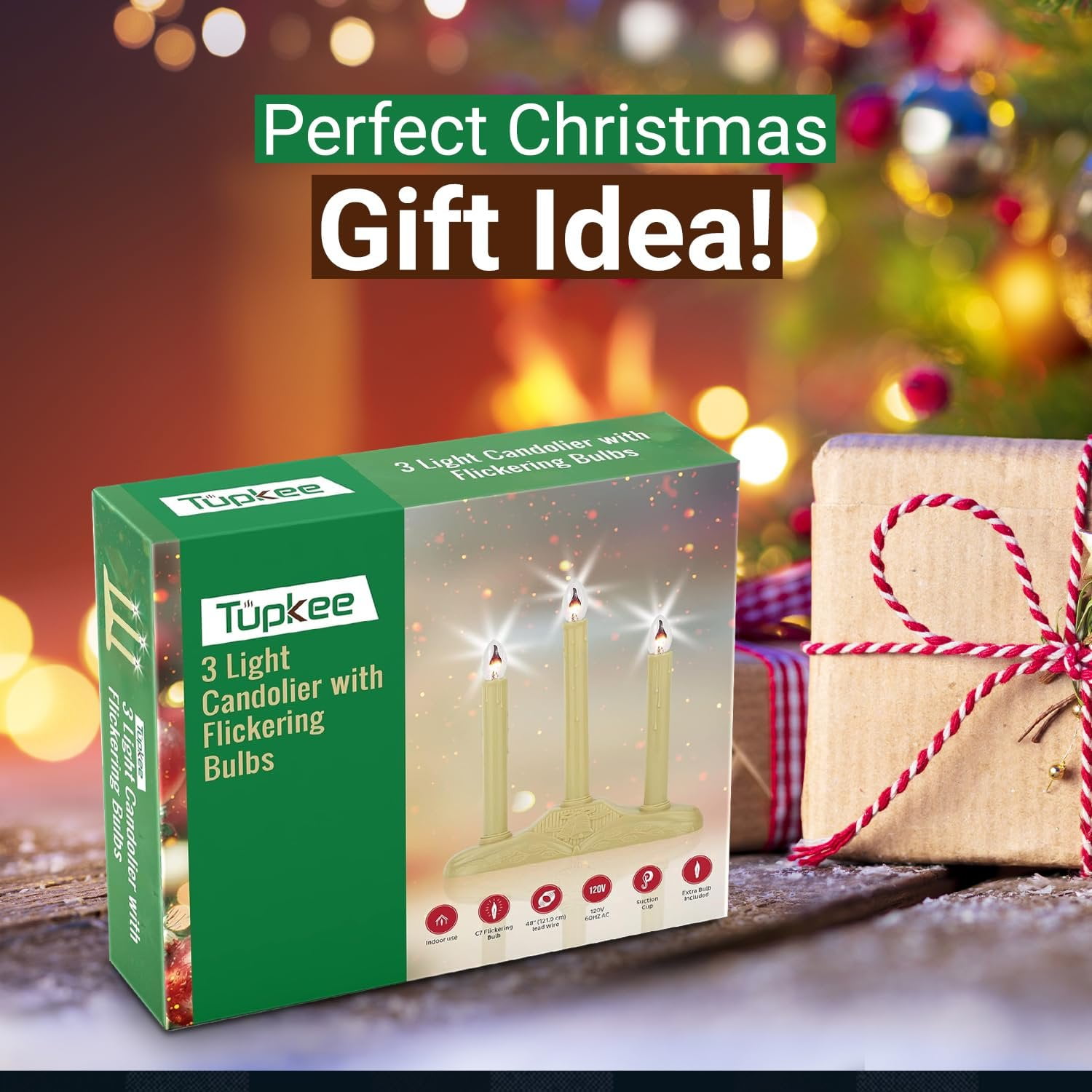 Tupkee Christmas Candolier Window Candles  with Flickering Bulbs  3-Lights Indoor -Flameless Electric Window Candles Candelabra