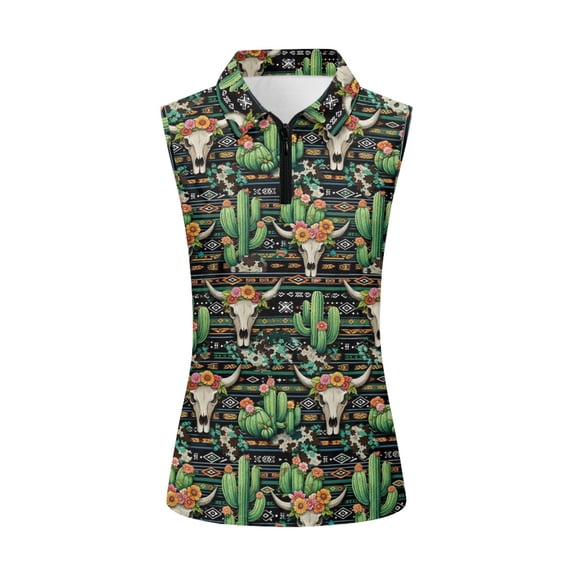 Whosucclay Skull Cactus Print Womens Golf Shirt for Ladies, Durable Sleeveless Ladies Golf Shirts for Outdoor Sports XS - 2XL