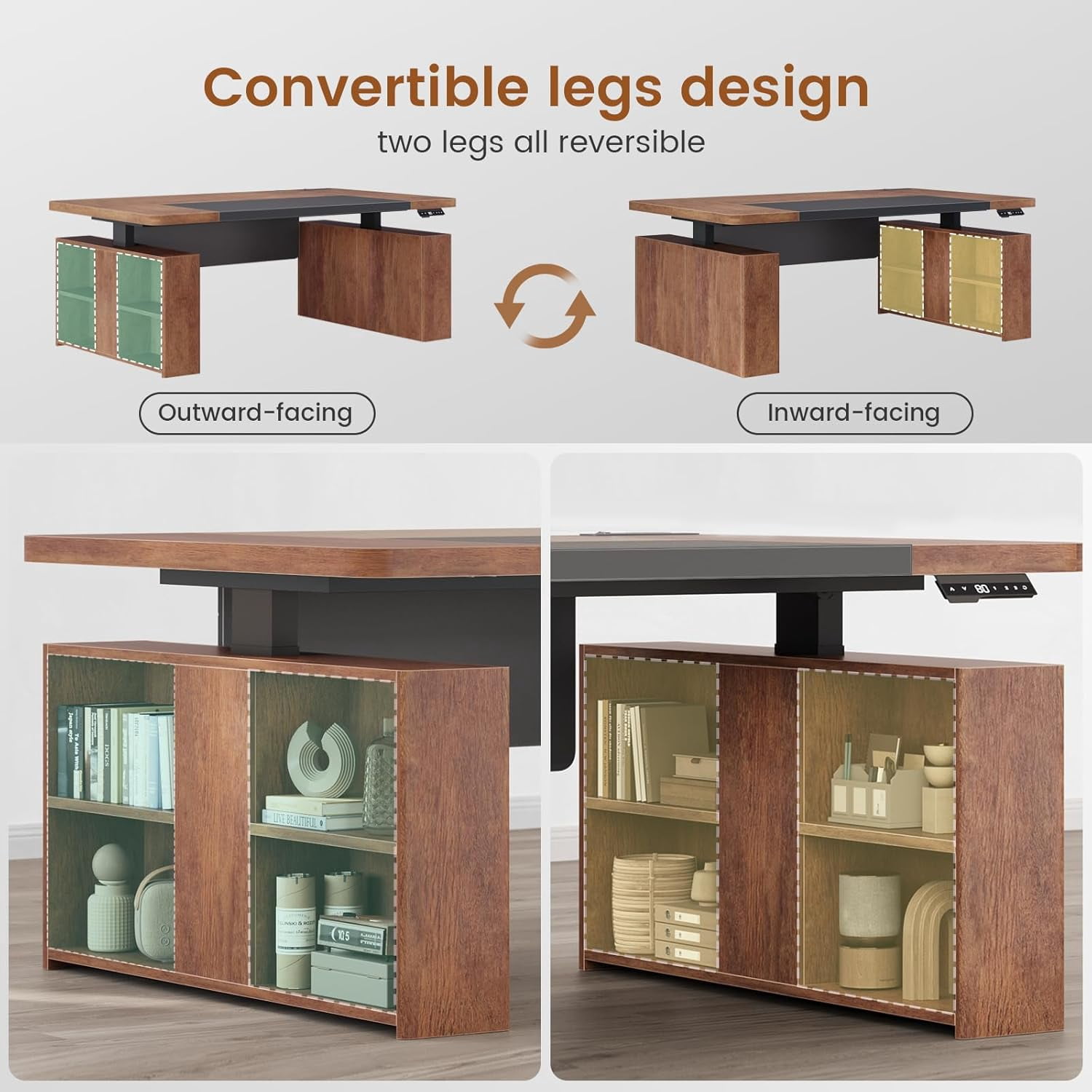 SEDETA 63" Standing Office Desk with Storage, Height Adjustable Executive Desk witj Power Outlets & Open Shelves, Large Computer Desk with Privacy Panel for Home Office, Brown
