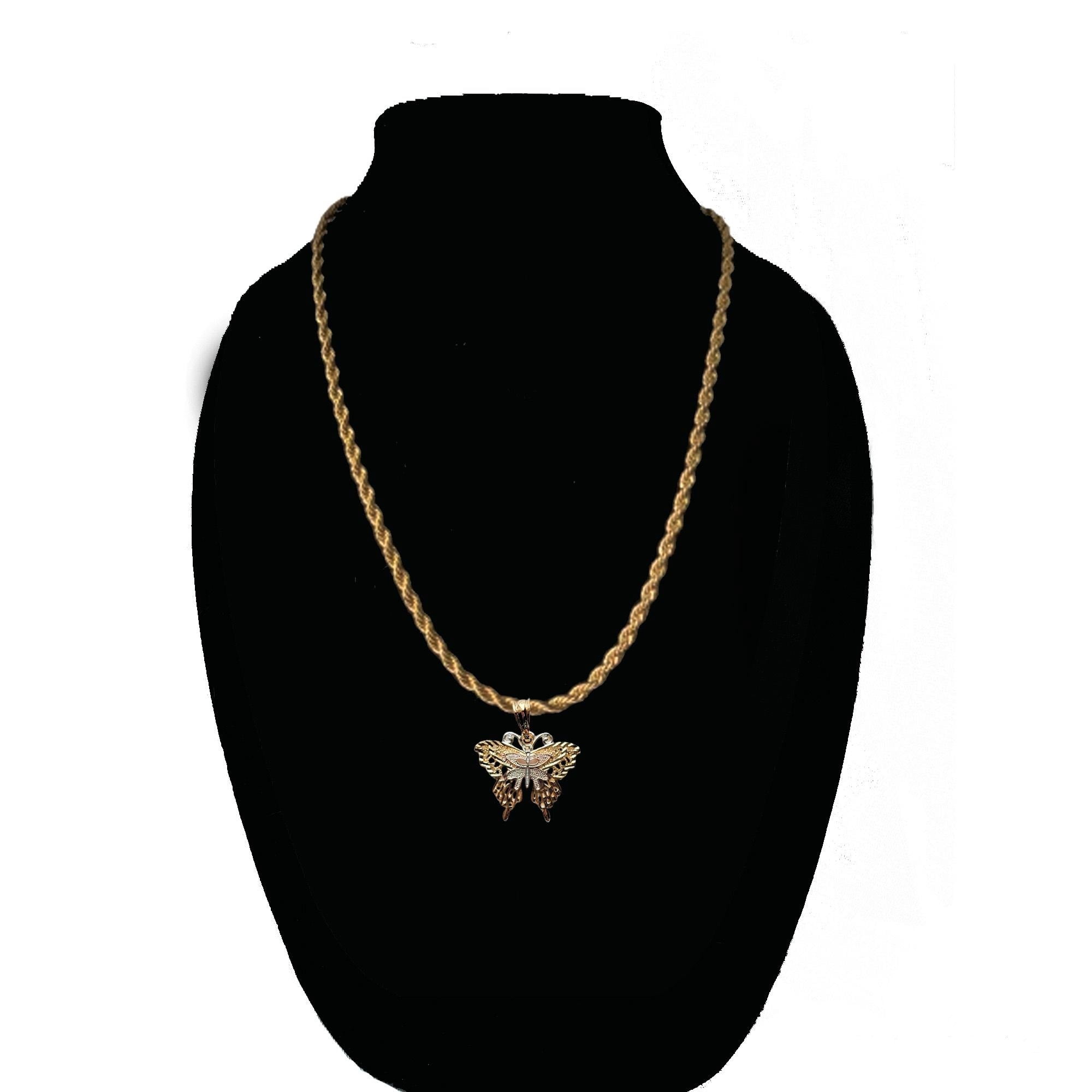 14k Bonded Gold Necklace with Butterfly Pendent, Best Christmas Unisex Gift for Women, Men Mother, Father, Girlfriend, Boyfriend, Her, Him, Rope Chain with Charm by Artisan Jeweler