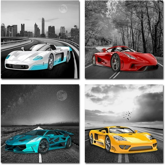 Car Pictures Black and White Wall Art Racing Car Canvas Prints for Men Teen Boys Room Sports Car Wall Decor 12 x 12 Inches 4 Pieces Unframed