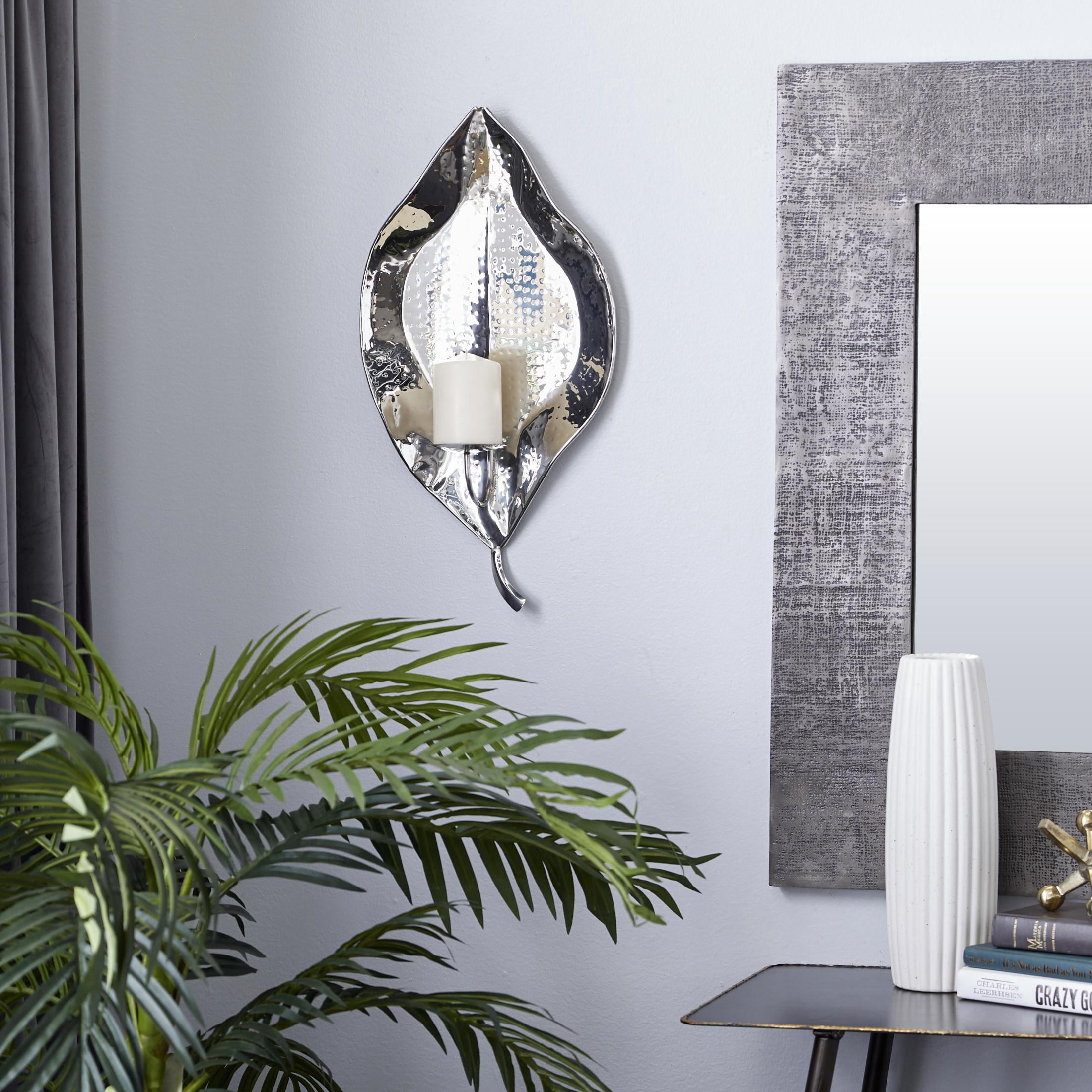 DecMode Silver Stainless Steel Metal Leaf Slim Wall Sconce with Hammered Design