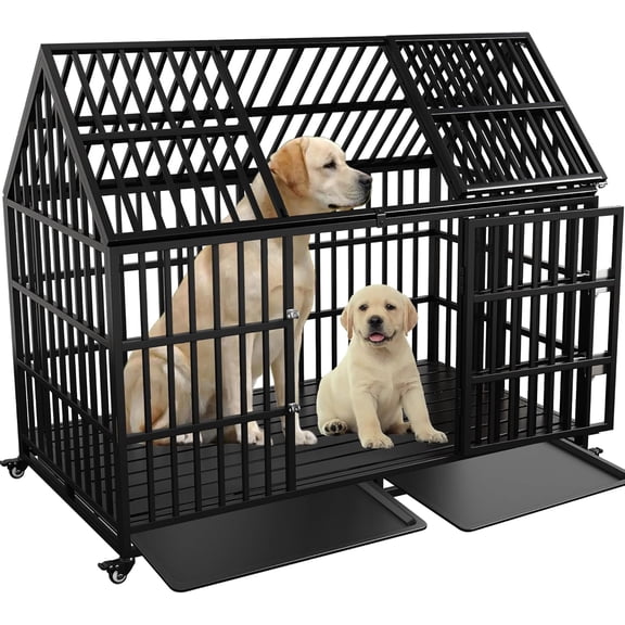 Heavy Duty Dog Crate 54 Inch Dog Pet Cage Kennel Escape Proof with Roof Top Open 4 Wheels, Locks 2 Doors, Removable Trays for High Anxiety Extra Large XL XXL Dogs Breeds Great Dane Mastiff Bernard