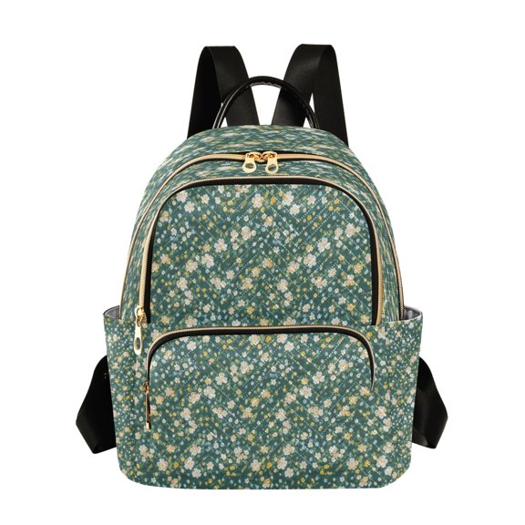 Qxltty Quilted Backpack for Women, Dark Green Daisy Travel Daypack with Front Pocket for Casual Daily Use