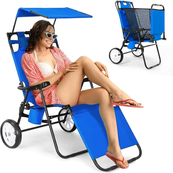 Slsy Silla de Playa 2 en 1 con Ruedas, Tumbona Plegable con Toldo, Carrito de Playa Pesado con Función de Transporte, Ideal para Piscina, Picnic, Jardín y Camping