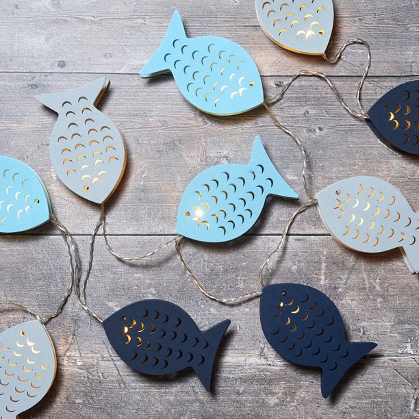 Lights4fun, Inc 10 Wooden Fish Battery Operated LED Indoor Nautical