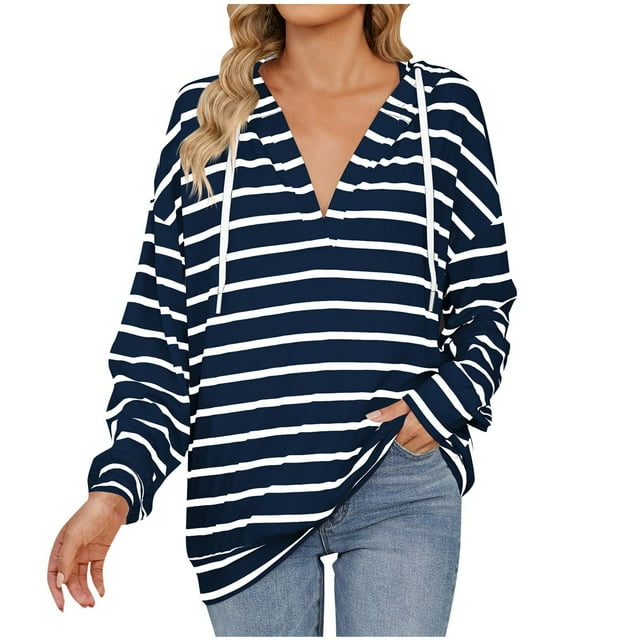 Robe à Manches Longues pour Femmes Décontractée Ample à Capuche Rayée, Robe à Manches Longues, Hauts pour Femmes, Hauts à Manches 3/4 pour Femmes