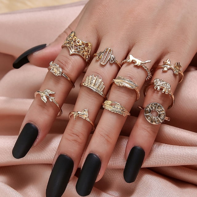 mtvxesu Rings 9pcs/Set Women Bohemian Style Carved Flower Hollow Serpentine Letters Sale