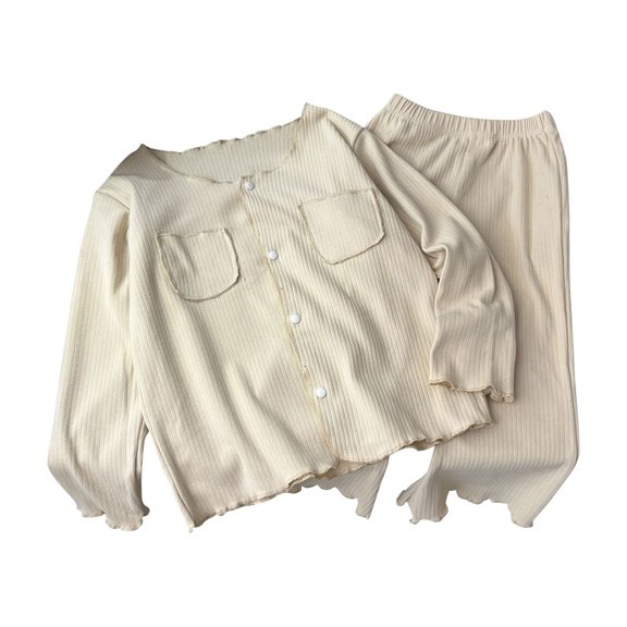 LNMQLPDBS Baby Girls Ribbed Lounge Set Toddler Button Down Shirt with Relaxed Fit Pants Kids Ruffle Trim 2 Piece Outfit Girls Casual Soft Knit Outfit School Holiday Daily Wear with Pockets