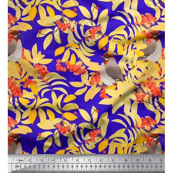 Soimoi Blue Georgette Viscose Fabric Leaves,Berries & Bird Fabric Prints by Yard 42 Inch Wide