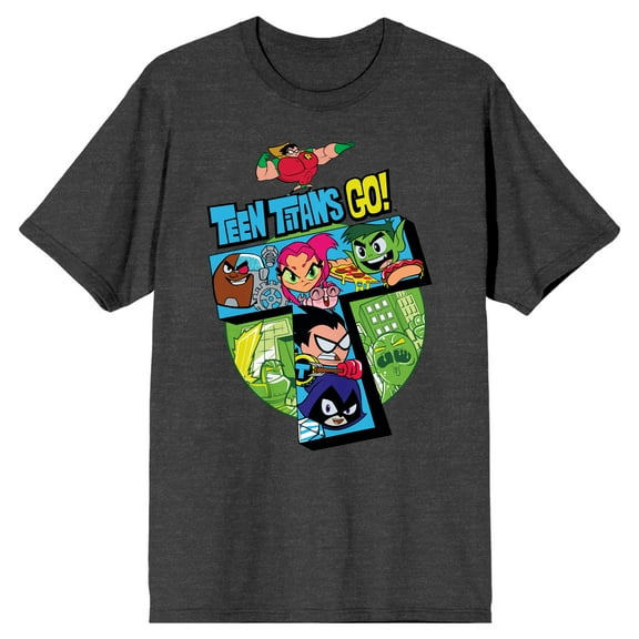 Teen Titans Go To The Movies Teen Titans 5 Main Heroes Charcoal Heather Gray Men's T-Shirt-Medium