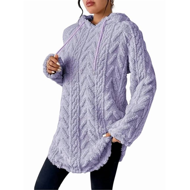 Women'S Solid Color Long Sleeve Hooded Jacquard Sweatshirt Jacket Slim Fit Drawstring Plush Sweatshirt Purple L