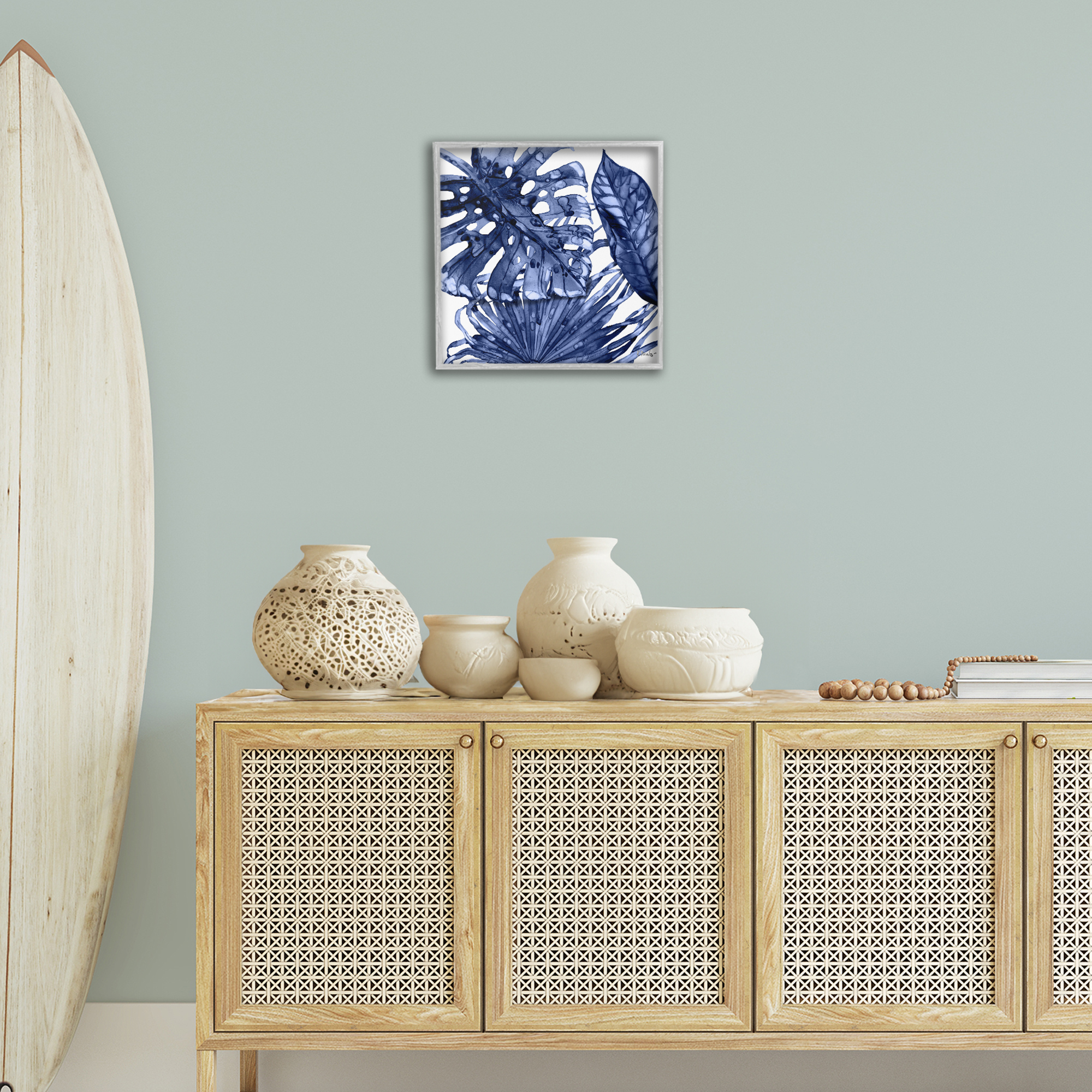 Stupell Industries Blue Hued Palms Botanical & Floral Painting Gray Framed Art Print Wall Art, 17 x 17