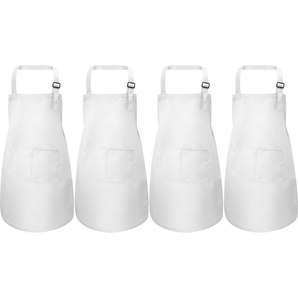 Yaomiao 4 Pieces Kids Apron with Pocket Children Adjustable Chef Apron for Cooking Baking Painting (White M for 7-13 Age)