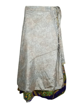 Mogul Women Vintage Sari 2 Layer Magic Wrap Skirt Multi Color Long Wrap Around Skirts Boho Dress
