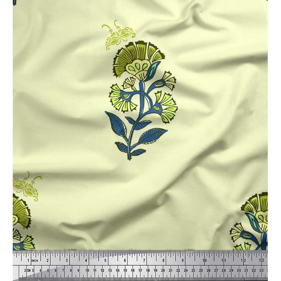 Soimoi Yellow Polyester Crepe Fabric Insect,Leaves & Floral Block Print Fabric by The Yard 42 Inch Wide