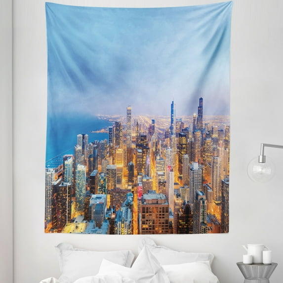 Chicago Skyline Tapestry, Aerial View of Town Michigan Lake Vibrant City Panorama Evening Time, Fabric Wall Hanging Decor for Bedroom Living Room Dorm, 5 Sizes, Multicolor, by Ambesonne
