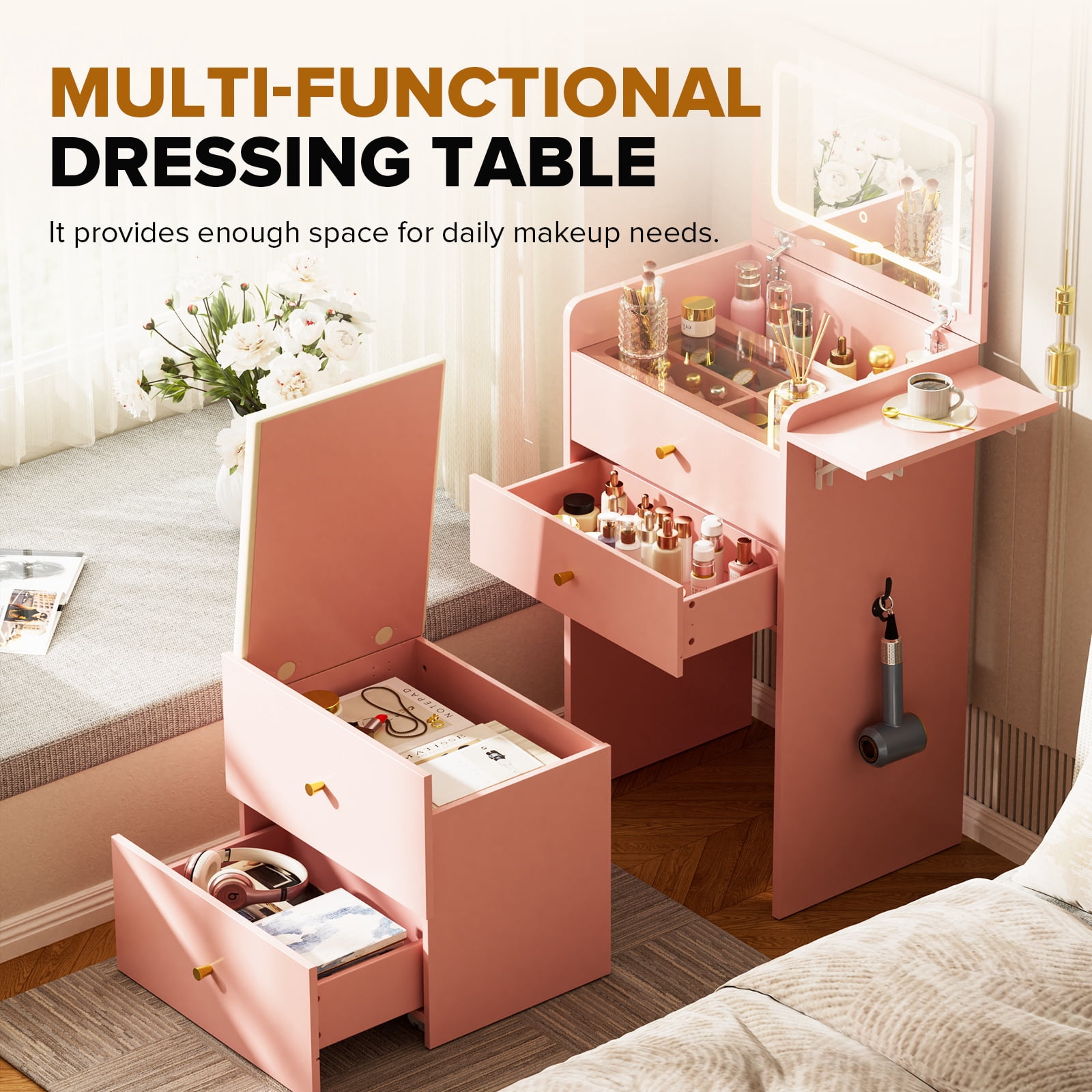 LUCKLIFE 3-in-1 Makeup Vanity Set with Lighted Flip Top Mirror & Storage Stool, Small Space Dressing Table with Foldable Side Tray, Glass Top Desk & Nightstand for Bedroom, Pink