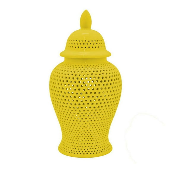 Decorative Ginger Jar with Lid - 25 Inch Tall Vase, Yellow Ceramic Table Decor, Carved Lattice Design